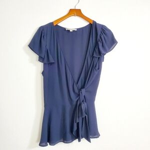 LOFT - Navy Blue Wrap Blouse with Flutter Sleeves, Cross Over Surplice